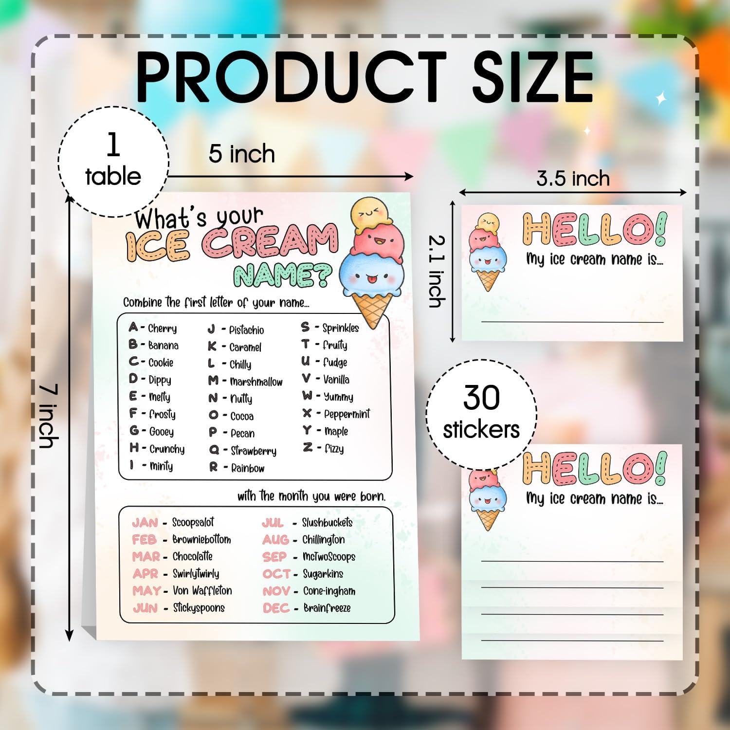 What's Your Ice Cream Name Game Set,Birthday Party Games for Kids and Adults,ICES Creams Party Decorations, Fun Summer Activity,1 Ice Cream Name Game Double Sided Sign and 30 Stickers,5x7 Inch image 2