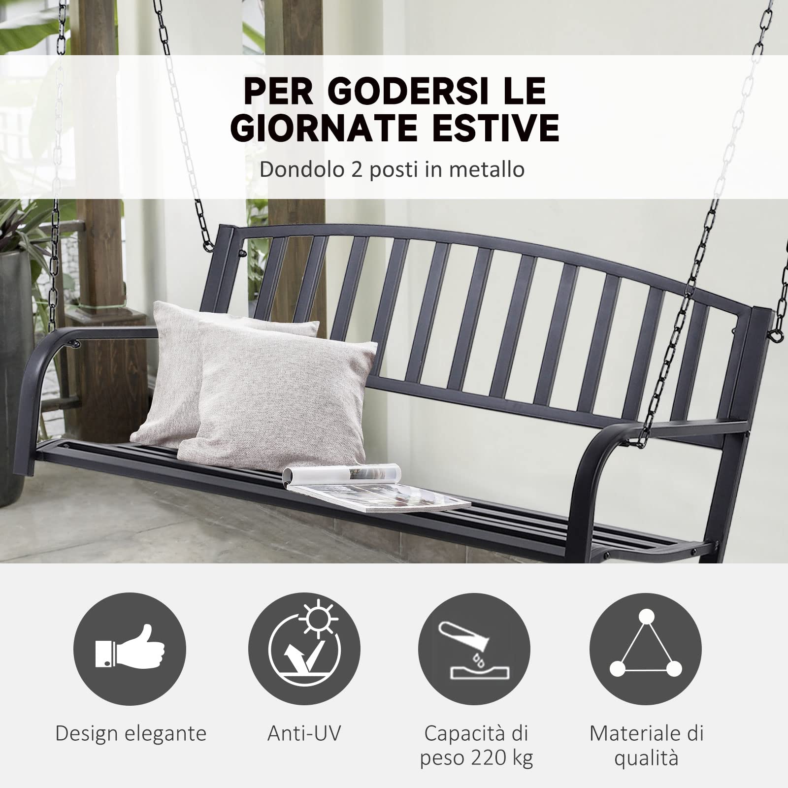 Outsunny Dondolo Sospeso da Giardino con 2 Posti, Romantica Panchina in Metallo Nero per Esterni, 127 x 60 x 47cm