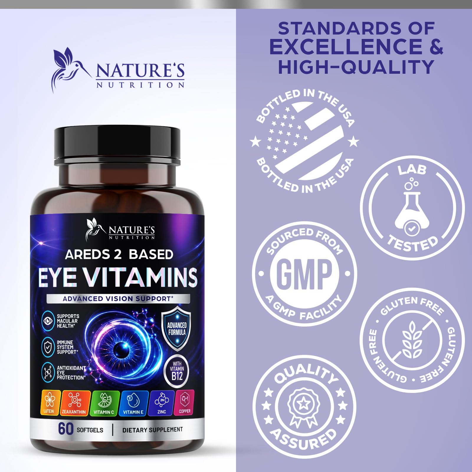 Eye Vitamins Supplements - Natural Eye Health Vitamin with Lutein and Zeaxanthin - Vision Macular Health for Seniors - Advanced Eyes Support with Zinc, Vitamin C & Minerals, USA Bottled - 60 Capsules — Amazon image 5