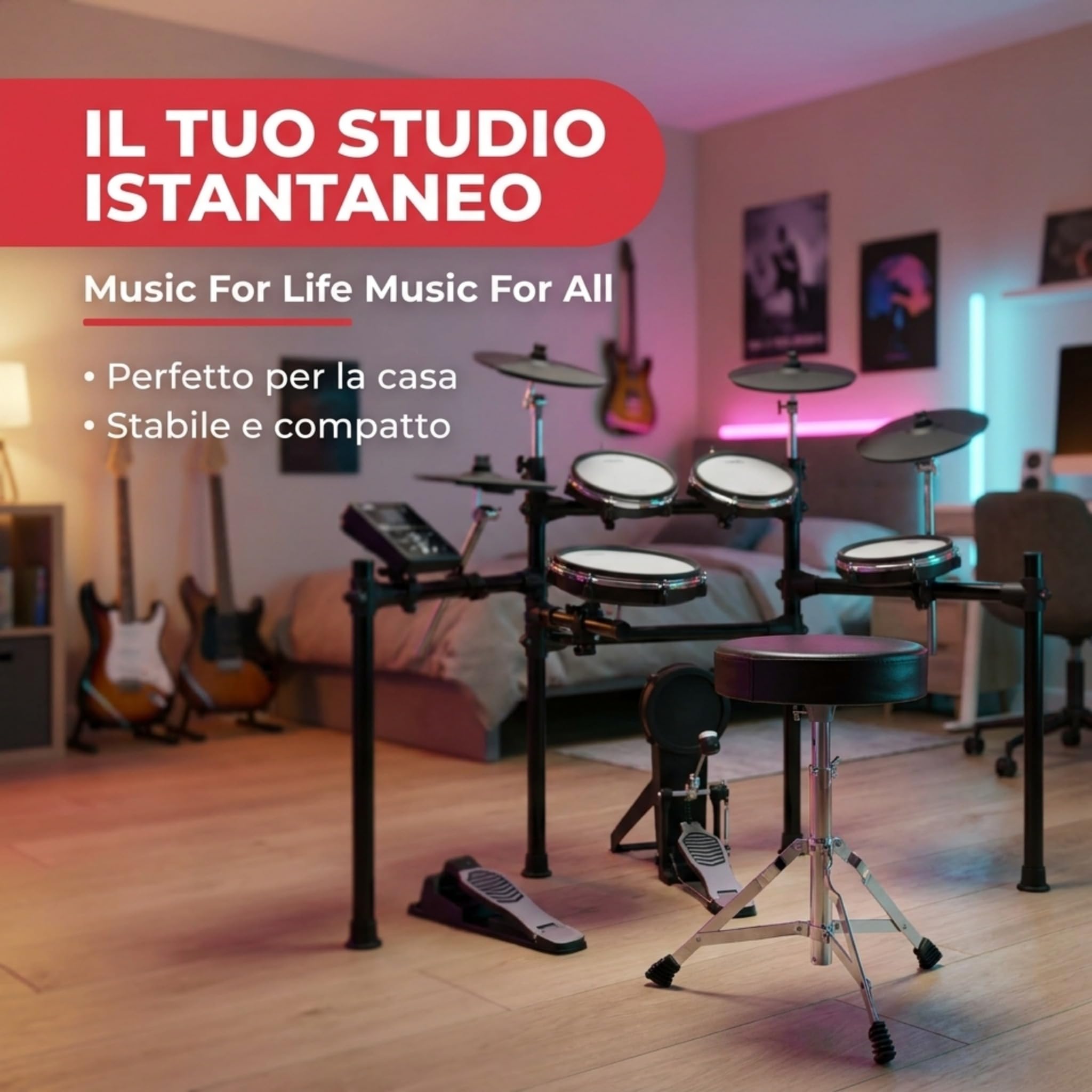 RockJam Sgabello Batteria Regolabile, Sedile Imbottito Girevole per Kit Acustici ed Elettronici, Altezza 45-55 cm, Pieghevole, Nero