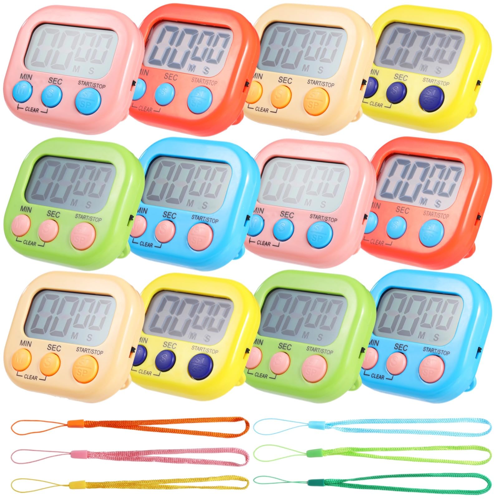 Juego de 12 temporizadores digitales con alarma fuerte, LCD grande, perfecto para cocinar, aula y deportes