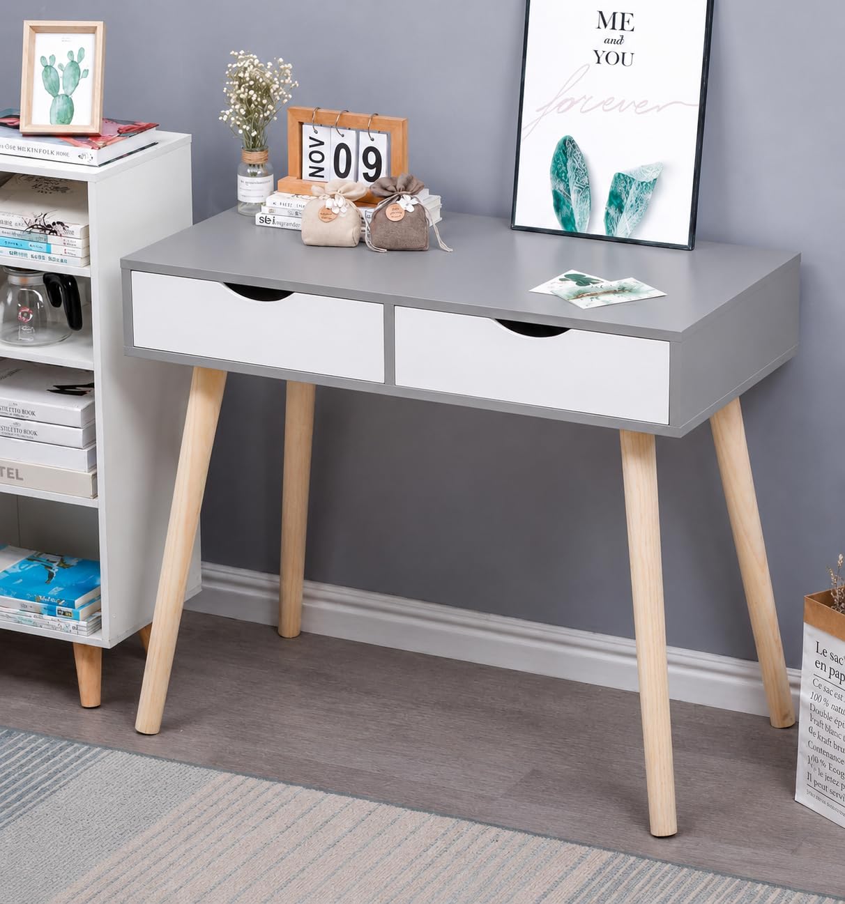ARTROCK Modern Wooden Side Table with 2 Drawers, Mid-Century Bedside Table, Compact Storage Nightstand with Solid Wood Legs, Small End Table for Living Room Bedroom, Grey White, 54x30x55 cm-image-22