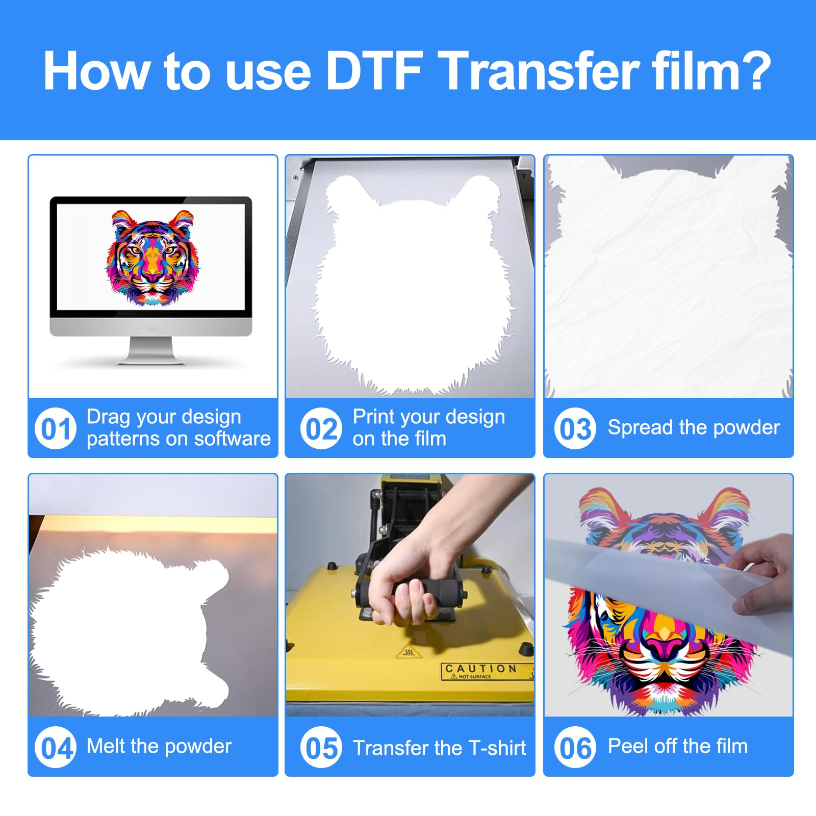 DTF Transfert Film Papier A3(29.7cm x 42cm),100 Feuilles de DTF Transfer Papier pour Epson Inkject Drucker, Film de Transfert Thermique PET direkt sur T-Shirts & Textile