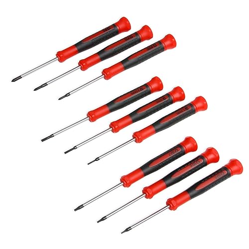 EFFICERE 9-Pieza Conjunto de Destornilladores de Precisión | Phillips #0, #00, #000 | Plano 1.5mm, 2.0mm, 2.5mm | Torx T5, T6, T7 | Eje de acero al cromo vanadio duradero, punta magnética, empuñadura ergonómica y tapa giratoria
