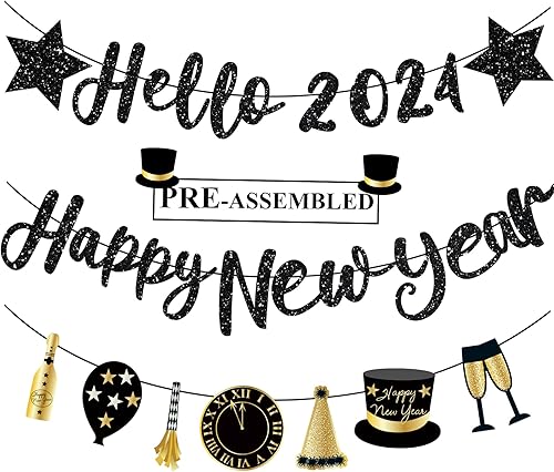 Cartel de Feliz Año Nuevo 2024 con purpurina negra preencordada con texto en inglés Hello 2024 & Happy New Year para decoración de Año Nuevo 2024,