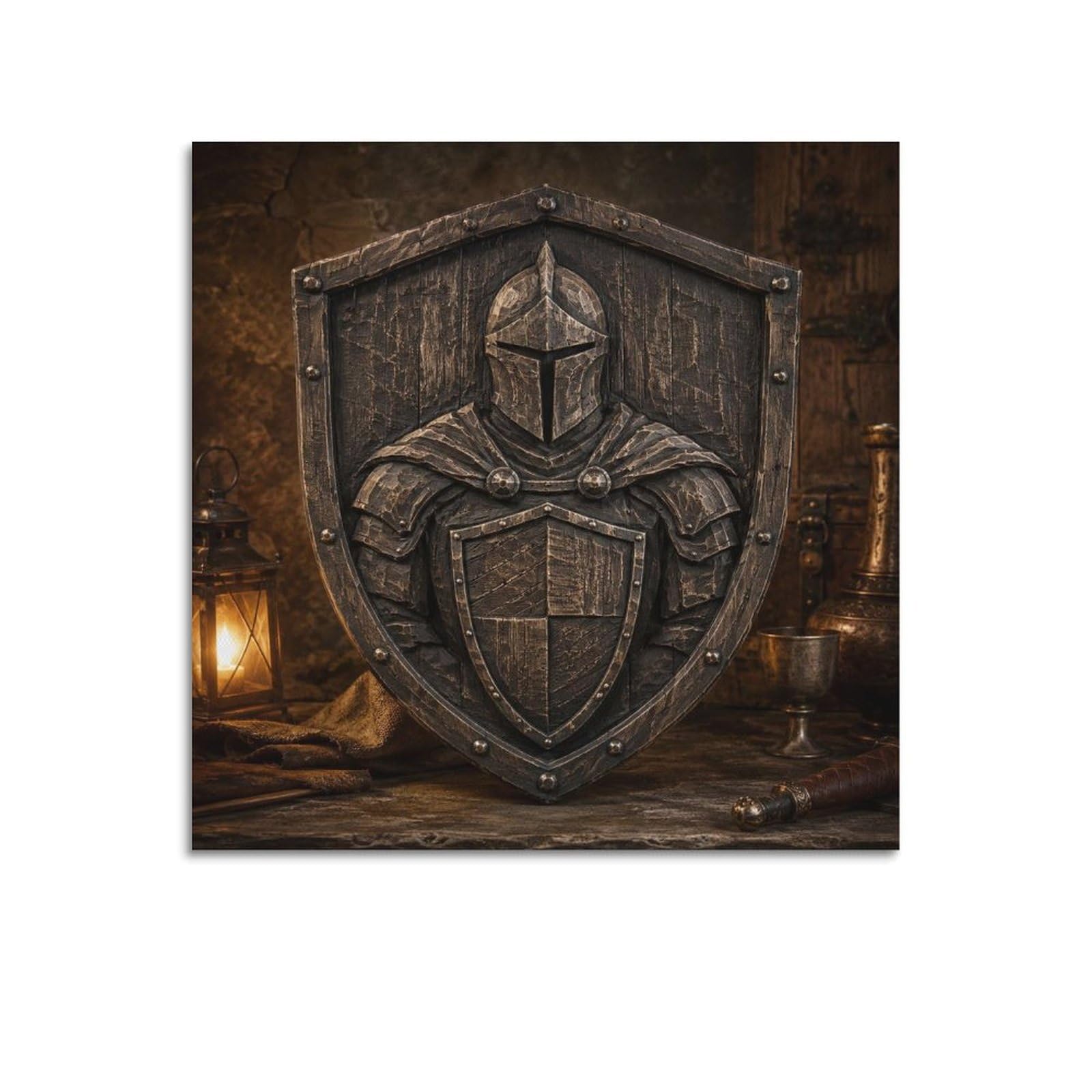 XKUGA Woodcut Relief Medieval Shield Poster Knight Order Armor Modern Decorative Canvas Prints - Ideal Wall Art for Family, Man Cave, Game Room, Boys & Girls Bedroom 16x16inch(40x40cm)
