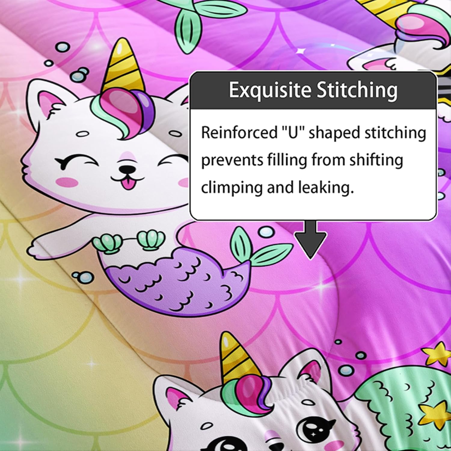Axolotl Unicorn Cat Bedding Full,Cute Cartoon Cat Comforter Set,Rainbow Mermaid Scales Printed Kids Bedding Set for Girls Kids Adults Teens,Girls Comforter,1 Quilt 2 Pillowcases,Pink Blue Purple