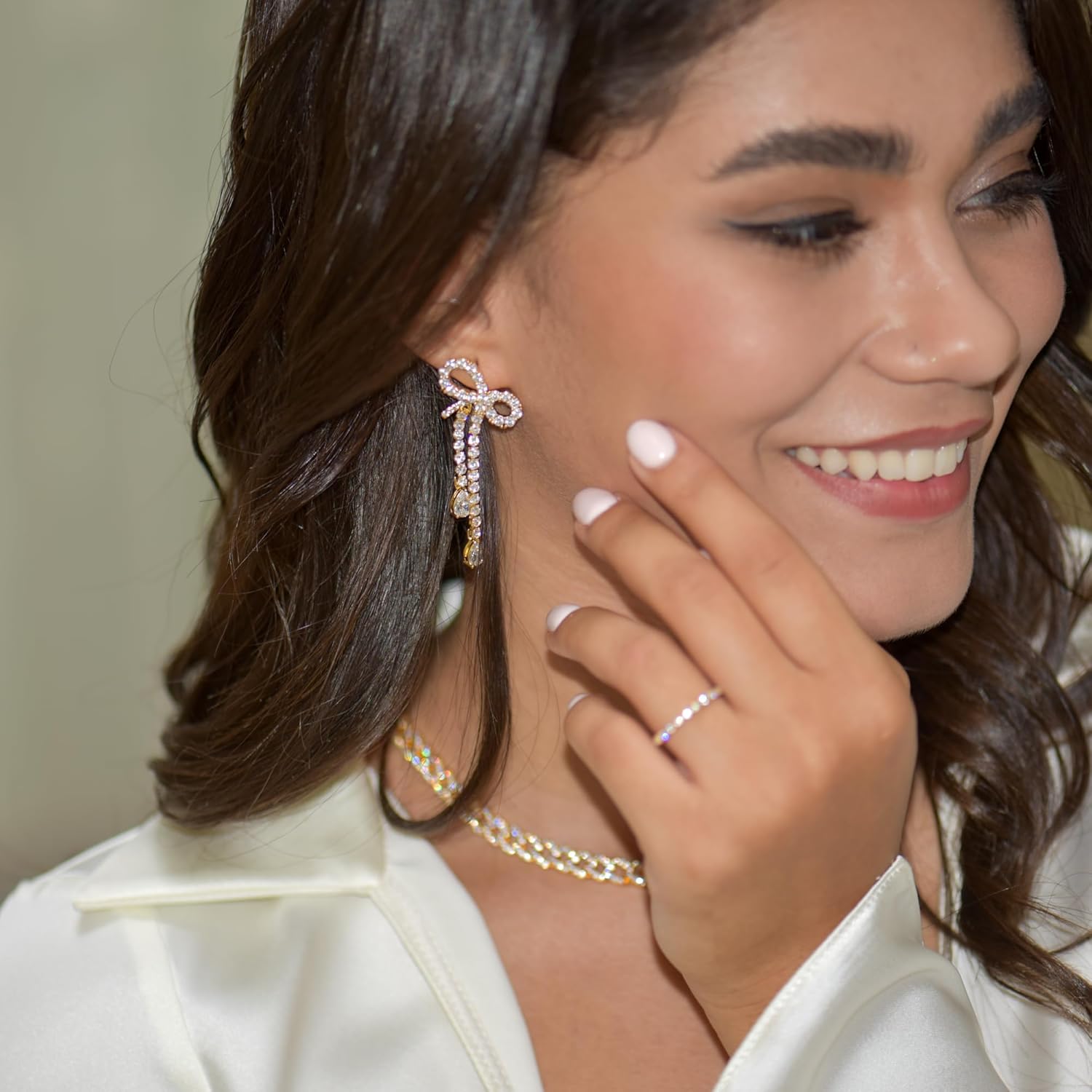 Cubic Zirconia Bow Linear Drop Earrings | Ribbon Bow Earrings Statement Long Dangle Tassel Chain Earrings | New Year Eve Evening Occasion Wedding Bridal Statement Jewelry