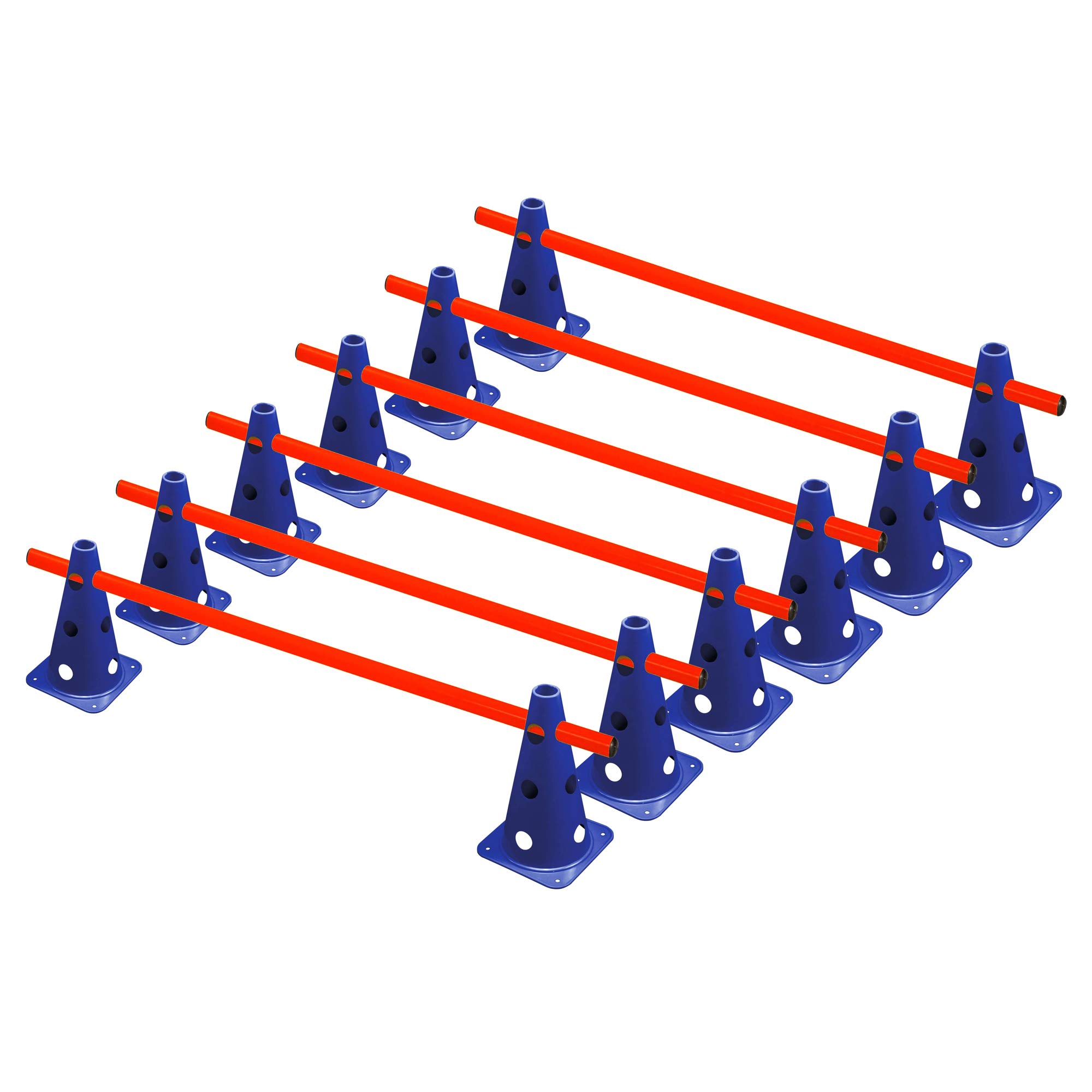 Lot de 6 obstacles | 12 cônes bleus : 22,5 cm | 6 barres rouges : 1 m