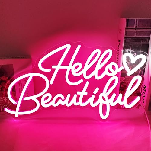 SYLHOME Letrero de luz LED de neón con texto en inglés Hello Beautiful con texto en inglés Hello Beautiful, diseño de corazón rosa, para dormitorio,