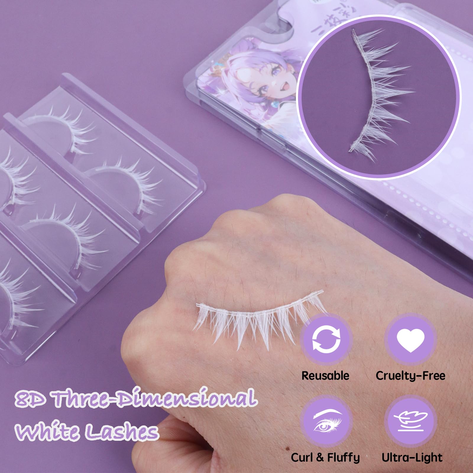 Manga Lashes Natural Wet Look Wispy Spiky Lashes Anime Eyelashes Wispy Natural Lashes Extension Strip Japanese Style Fake Eye Lashes Handmade (White 3 works) - Image 3