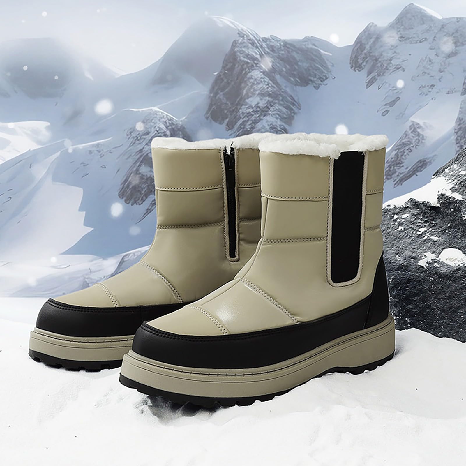 Bottes de neige imperméables pour femme - Chaudes et antidérapantes - Doublure en fourrure - Fermeture éclair - Bottes courtes pour le trekking et la randonnée, kaki, 38.5 EU