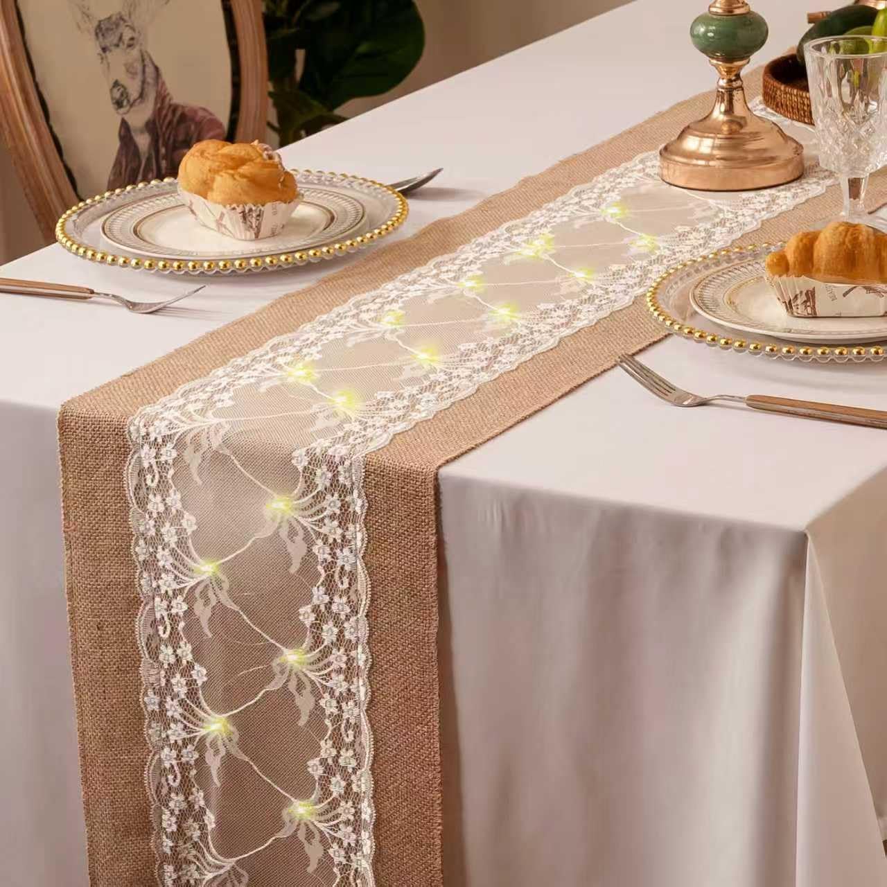 8Pack Vine Burlap Table Runner with LED String Lights 12 x 108 Inches Burlap Lace Table Runner Rustic Wedding Decorations Thanksgiving Home Party