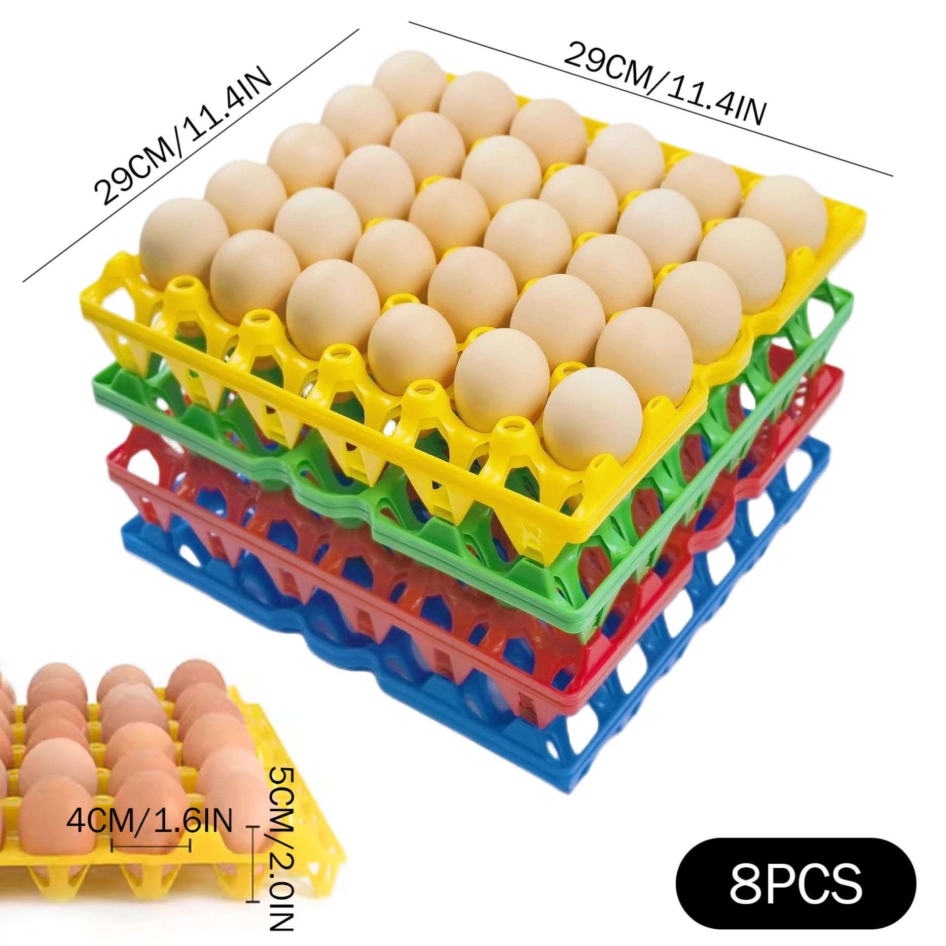 Paquete de 8 cajas para huevos, 30 bandejas para huevos para transporte seguro, cajas de reutilizables y apilables a granel (rojo, amarillo, azul, verde)