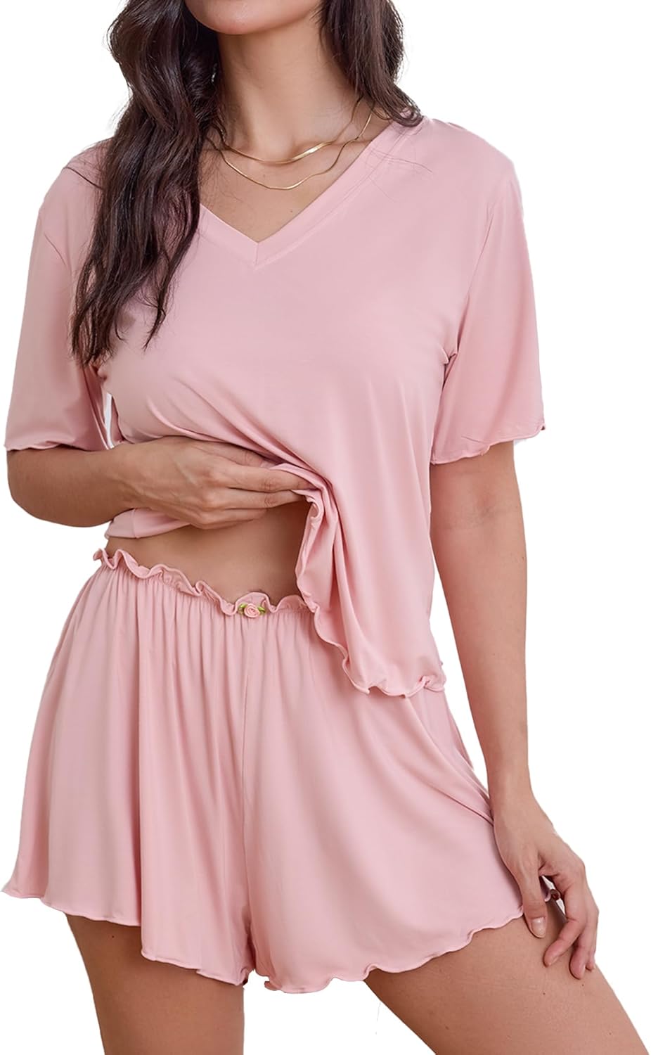 Bamboo Viscose Women’s Pajama Sets 2 Piece Comfy Lounge Sets Soft T-shirt & Sleep Pjs Shorts with Rose Applique