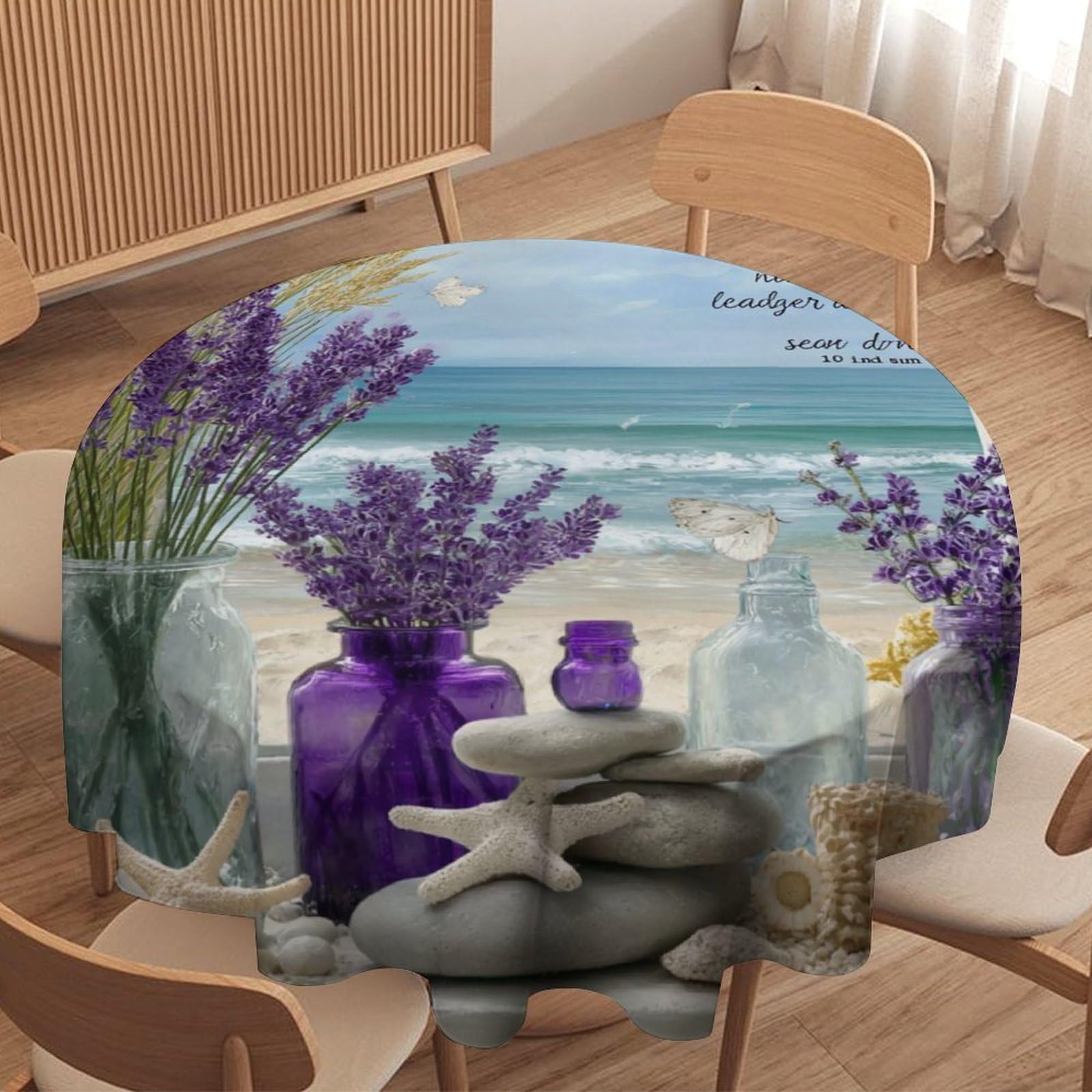 LUYYSKY Classic Colorful Window Seaside Round Tablecloth Rustic Oil Painting Summer Nautical Landscape Lavender Lilac Washable Decor for Table Cover for Kitchen-91.4" Wx91.4 L cm