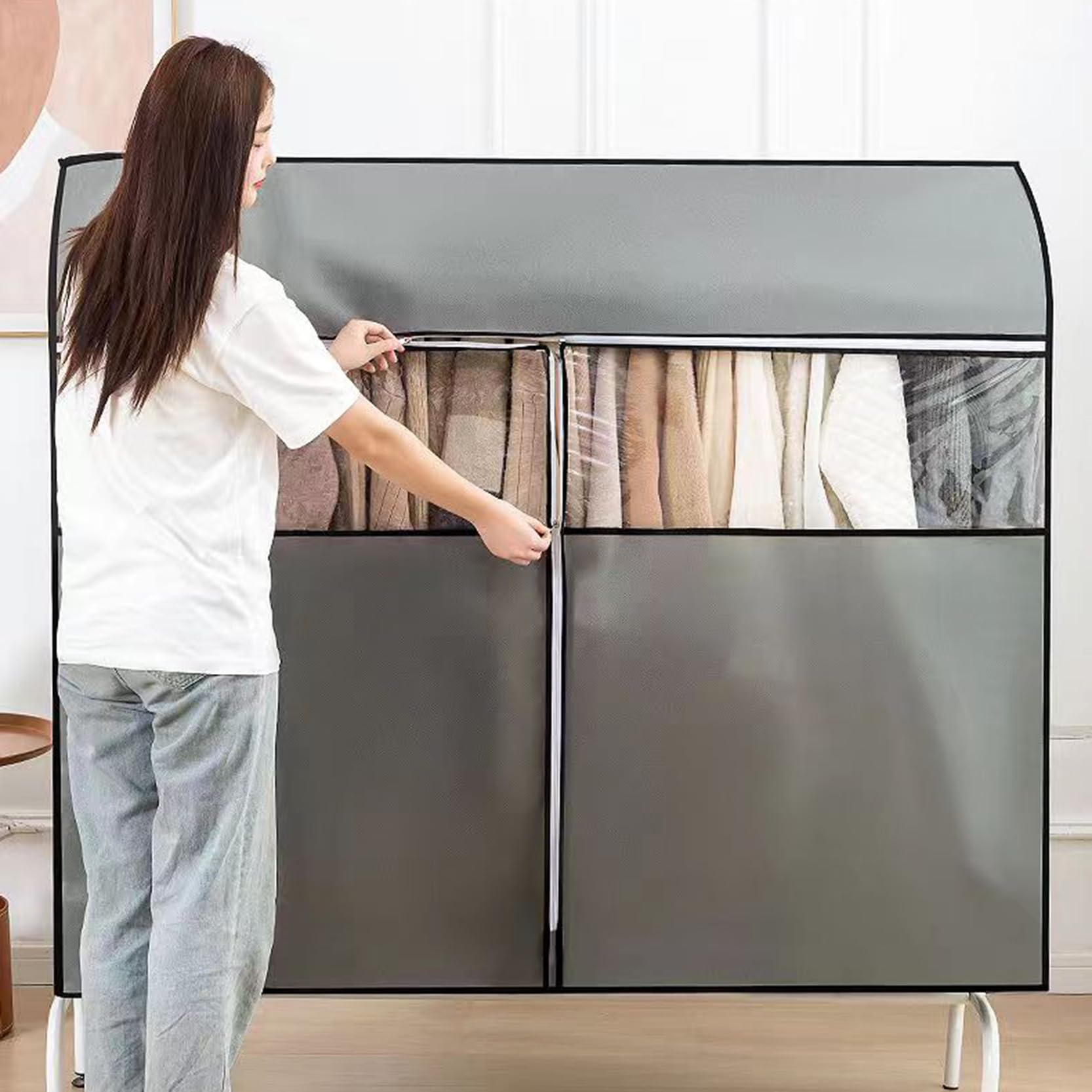 Funda Transpirable para Perchero, 120 x 50 x 120 cm, Resistente al Polvo, con Cremallera y Ventana Transparente, Ideal para Colgar Vestidos, Abrigos y Trajes.
