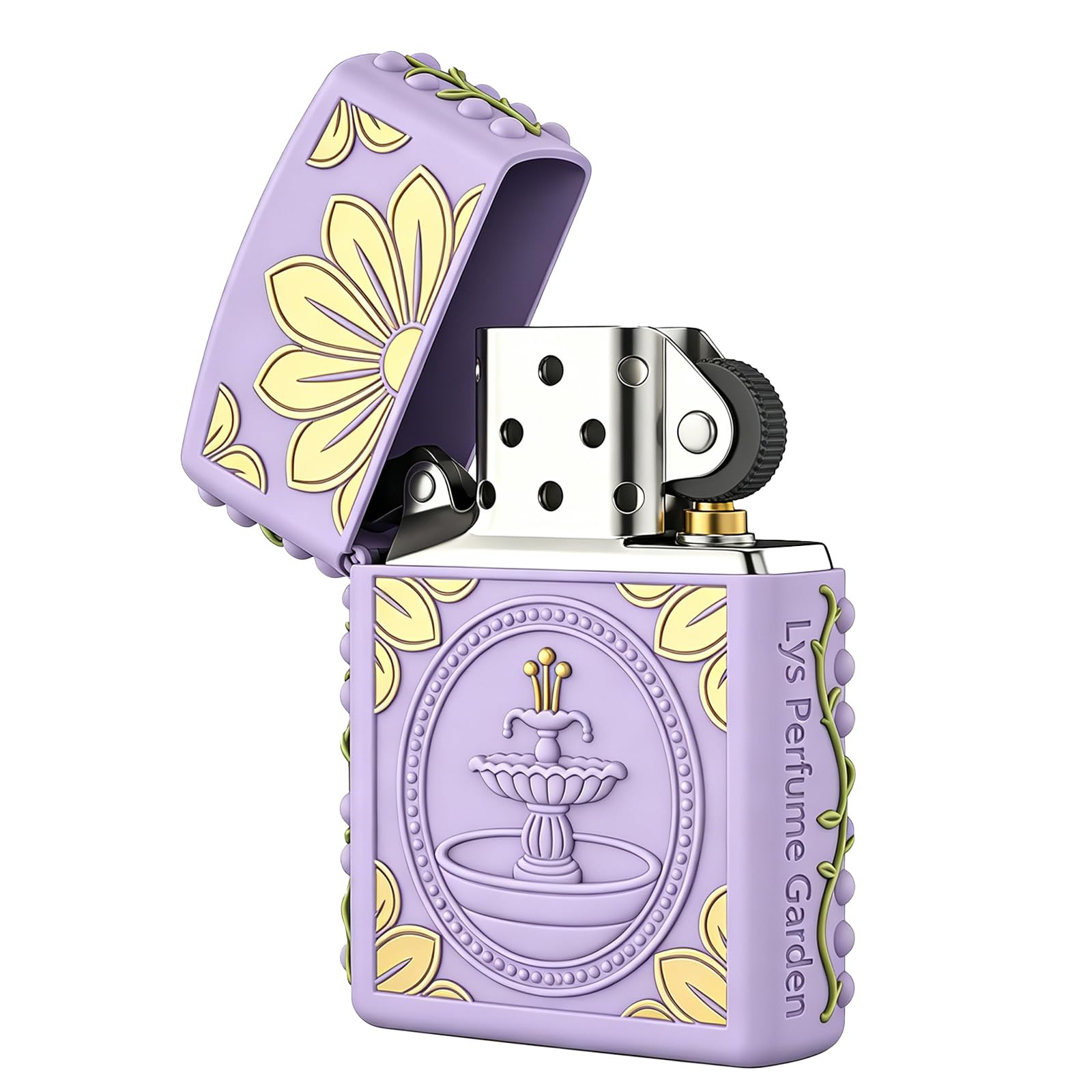 Reusable Fountain Carved Kerosene Lighter Windproof Flip Top Wheel Grinding Flint Fire Lighter for Daily Use (A)