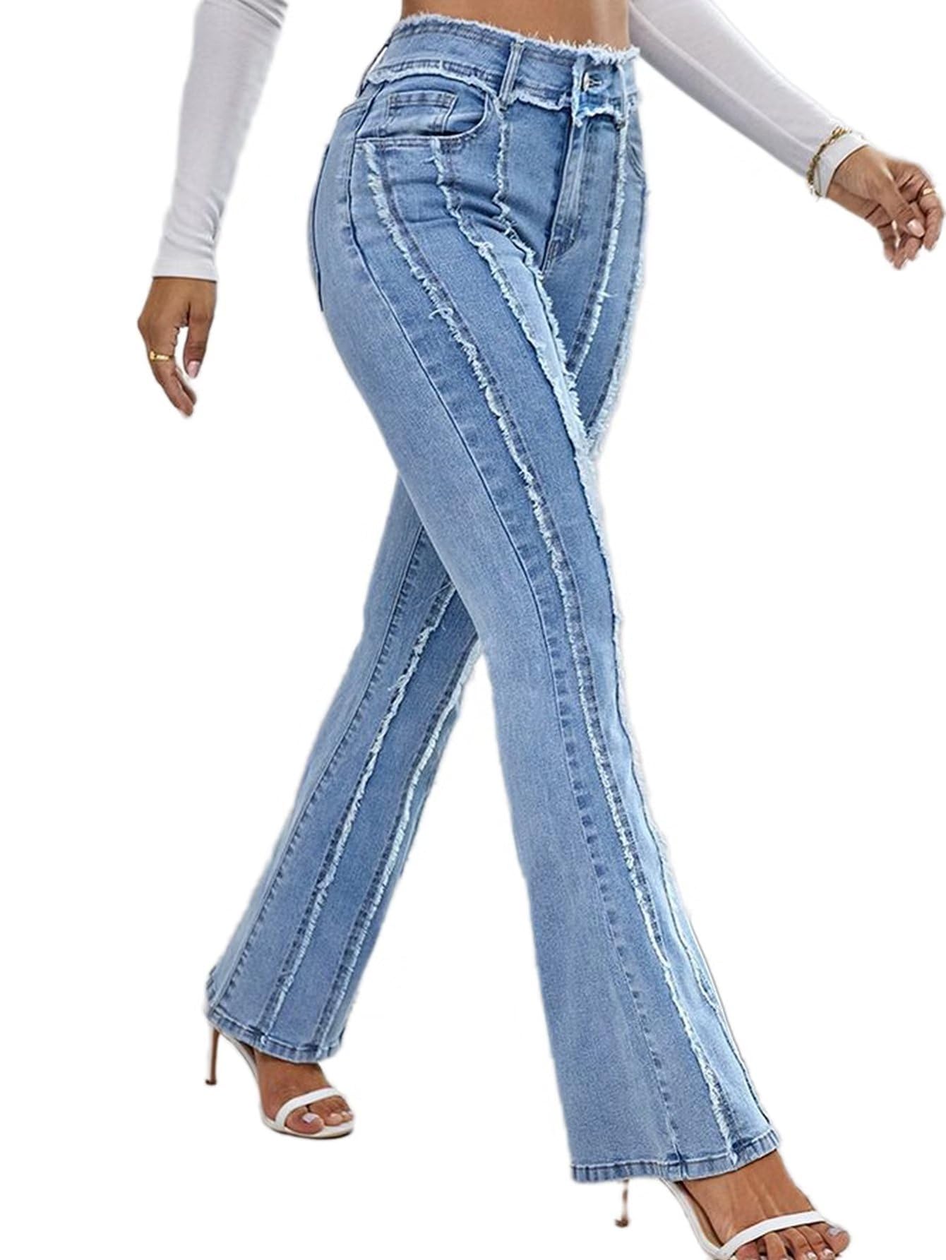 FlamingalsWomen's High Waist Flare Jeans for Women Frayed Detail Bell Bottom Jeans Denim Pants