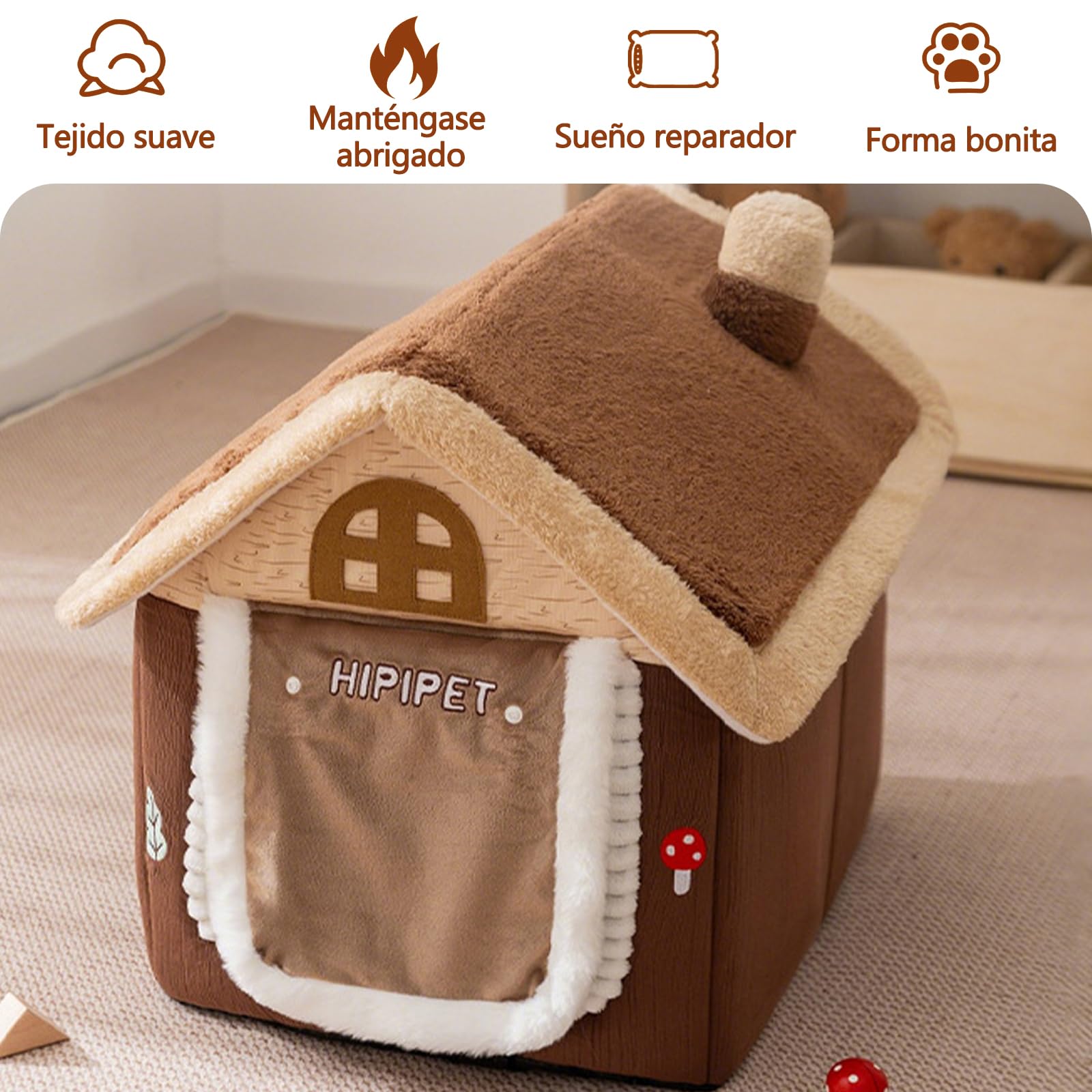Galatée Casa para Gatos, Linda Cueva con Chimenea, Casa Suave con Dibujos Animados, Cálido Refugio para Gatos, Tienda De Campaña para Perros con Cojín Extraíble(L, Amarillo)