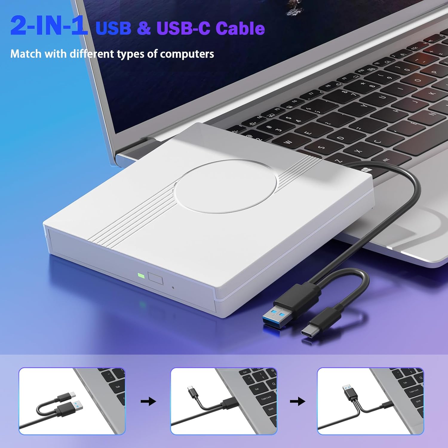Wbacon RGB External CD/DVD Drive for Laptop, External CD Drive USB 3.0 Type-C Portable DVD Player, CD Burner +/-RW Optical Drive, Slim CD ROM External Drive for Laptop Desktop PC Windows Mac (White)