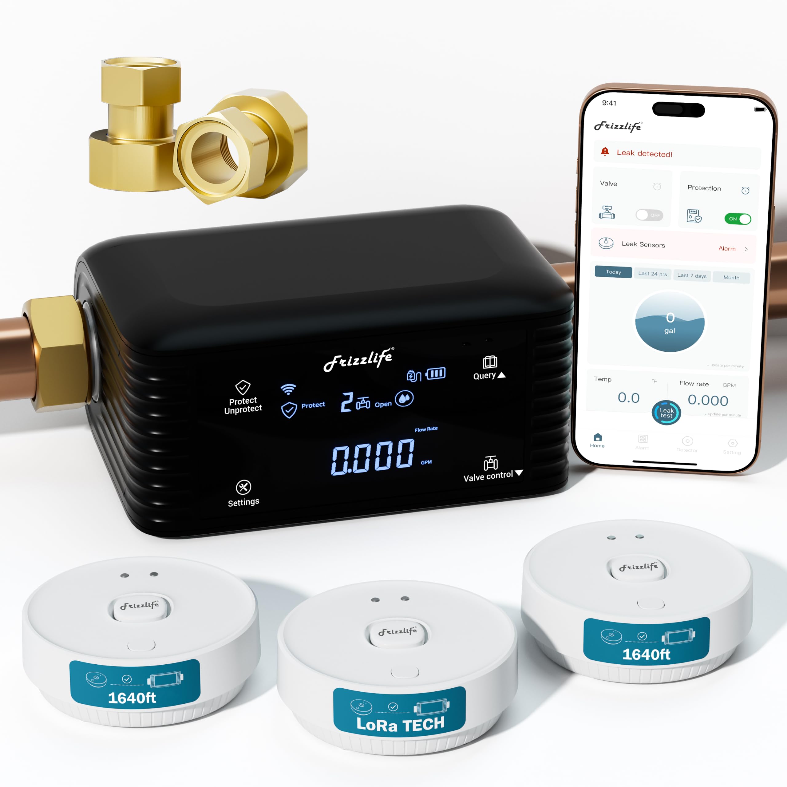 Frizzlife LPG365 Smart Water Auto Shutoff Valve W/ 3 Leak Sensors, 100% Dual Detection- 0.01GPM Ultrasonic Micro Leak Detector &amp; Sensor-Triggered Shutoff, App Control,Flow &amp; Temp Monitor,Fits 1.25"&amp;1"