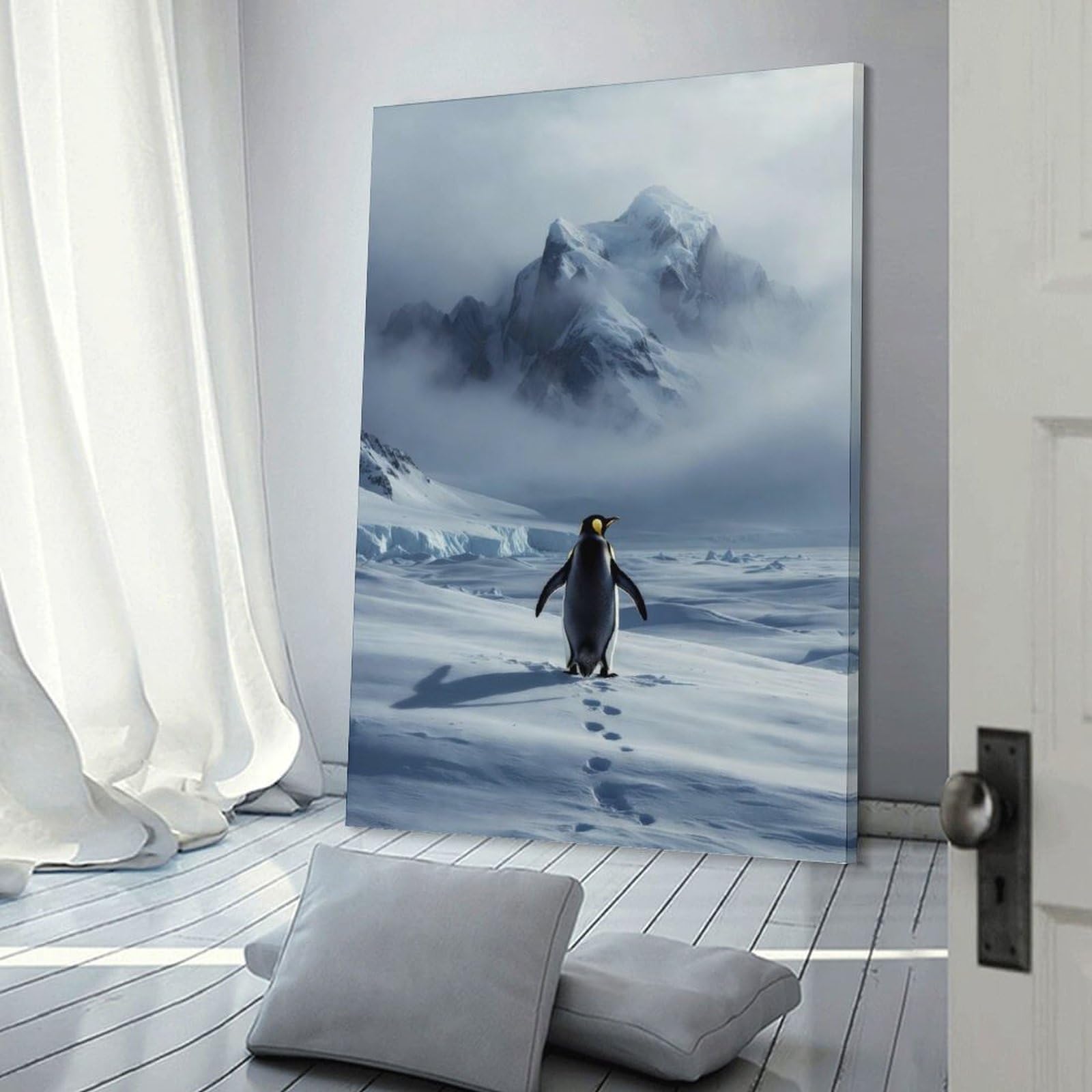Junmoney Penguin in Antarctica with Mountain Backdrop Canvas Wall Decor, 24x36inch(60x90cm), for Gallery Wall Decor And Room Displays, Wall Decor Suited to Curated Displays