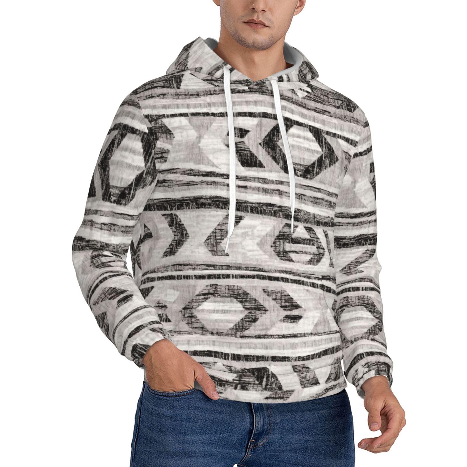 Sweat à capuche gris homme imprimé tribal graphique pull cordon serrage - 8