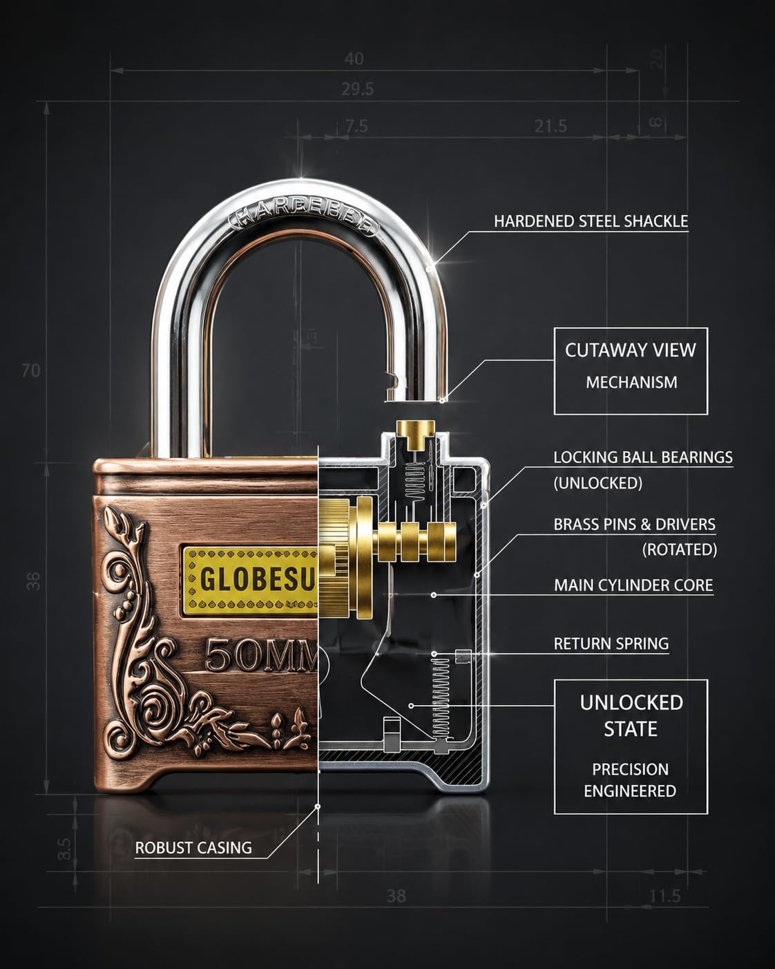 Vintage 50mm Copper Bronze Padlock with 4 Keys, Antique Design — Amazon image 4