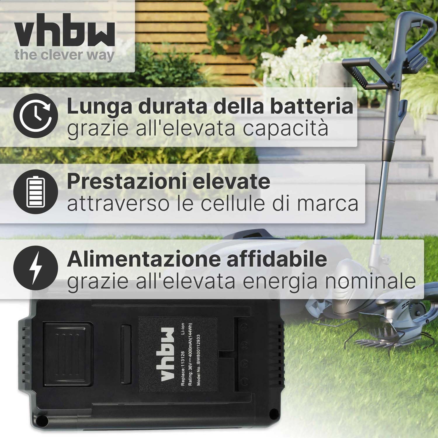 vhbw batteria sostituisce AL-KO 113124, 113126, 113280, 9113280, B150, B200 per tagliaerba, robot tagliaerba (4000mAh, 36V, Li-Ion)