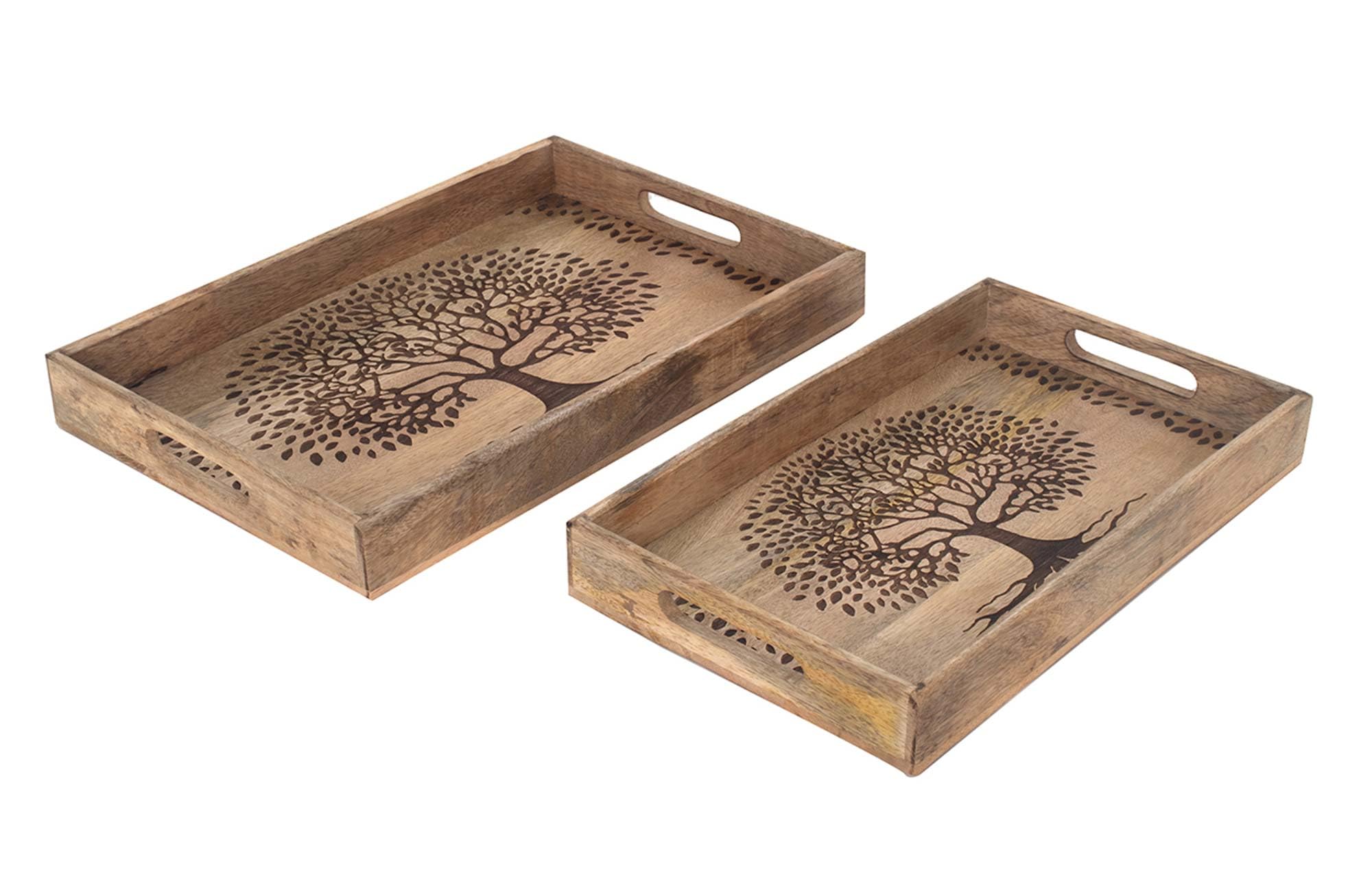 Set mit 2 Serviertabletts und Mittagessen Baum des Lebens, Mangoholz und Retro-Boho-Thema, L 43 cm