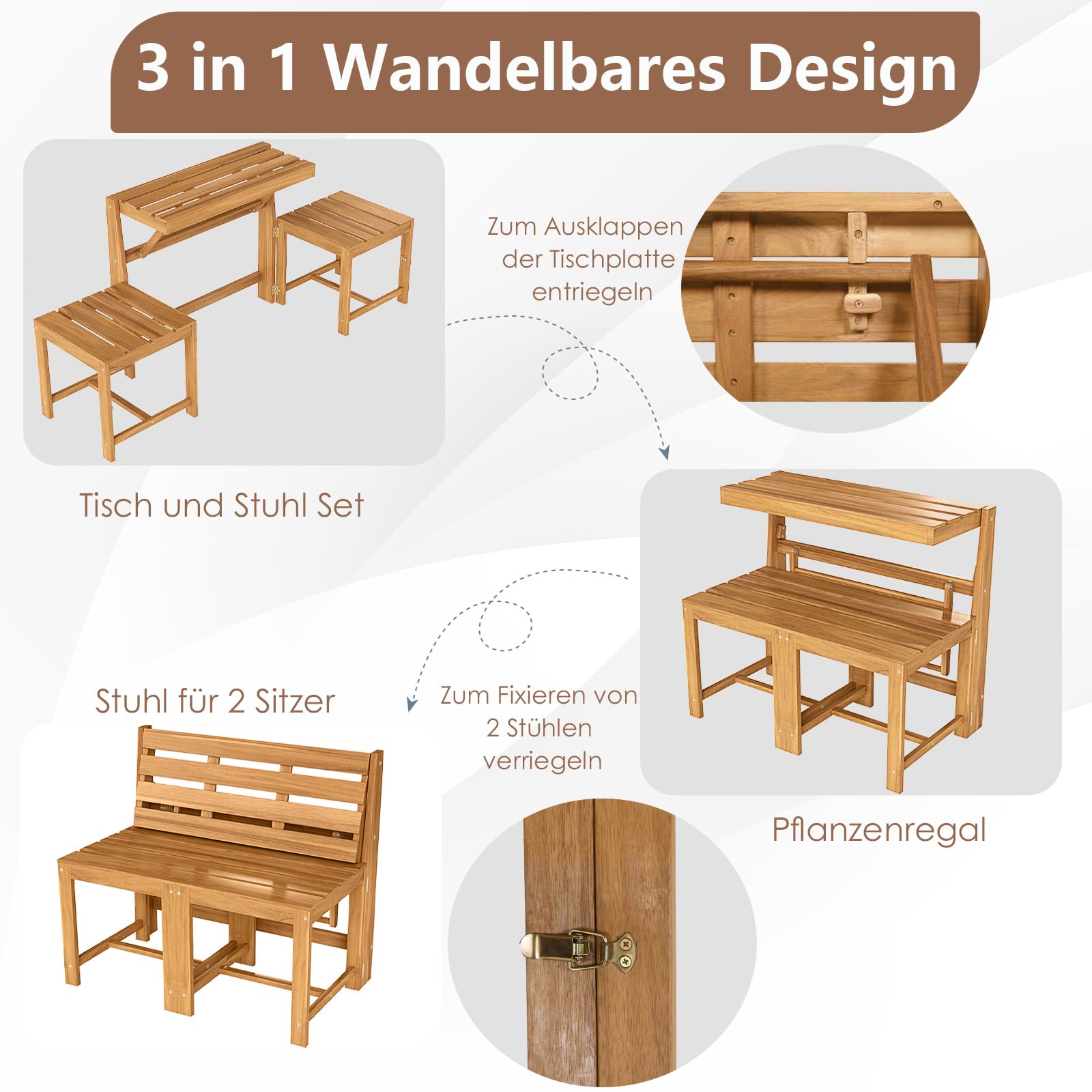 COSTWAY 2 in 1 Gartenbank, Gartentisch mit Sitzbank, 2-Sitzer Holzbank, Balkonset, Balkonmöbel Kleiner Balkon, Sitzgruppe, Sitzgarnitur für Garten, Terrasse
