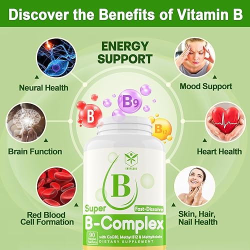Miniatura 4 de Complejo de vitamina B sin azúcar con metil B12, metilfolato, B6, B1, B2, B3, suplemento de complejo B metilado de disolución rápida altamente