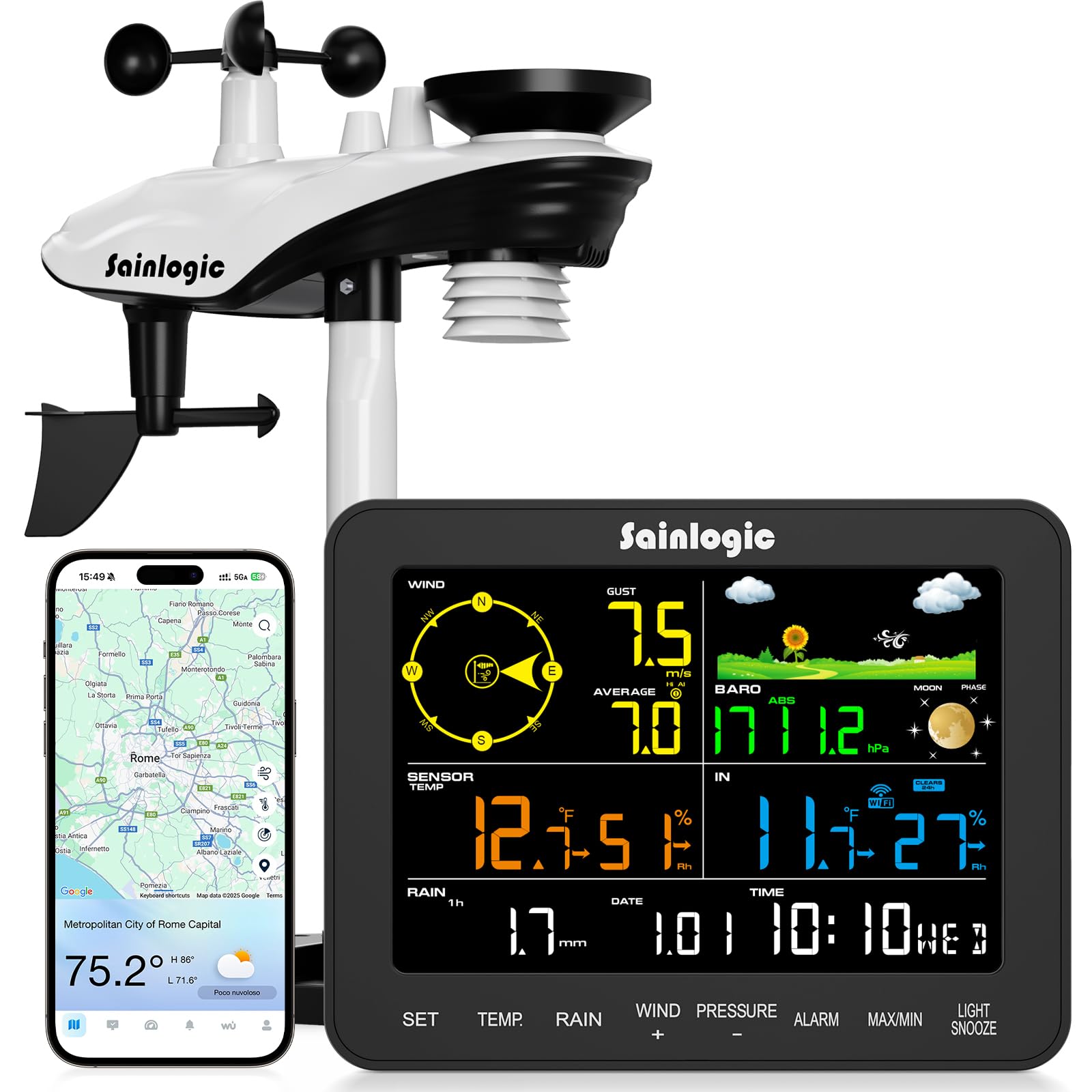 Sainlogic SA6 Plus Stazione Meteo WiFi Intelligente, Previsioni Meteo IA Weatherseed, Avvisi APP/Email, Professionale, Archiviazione 2 Anni, 2.4GHz