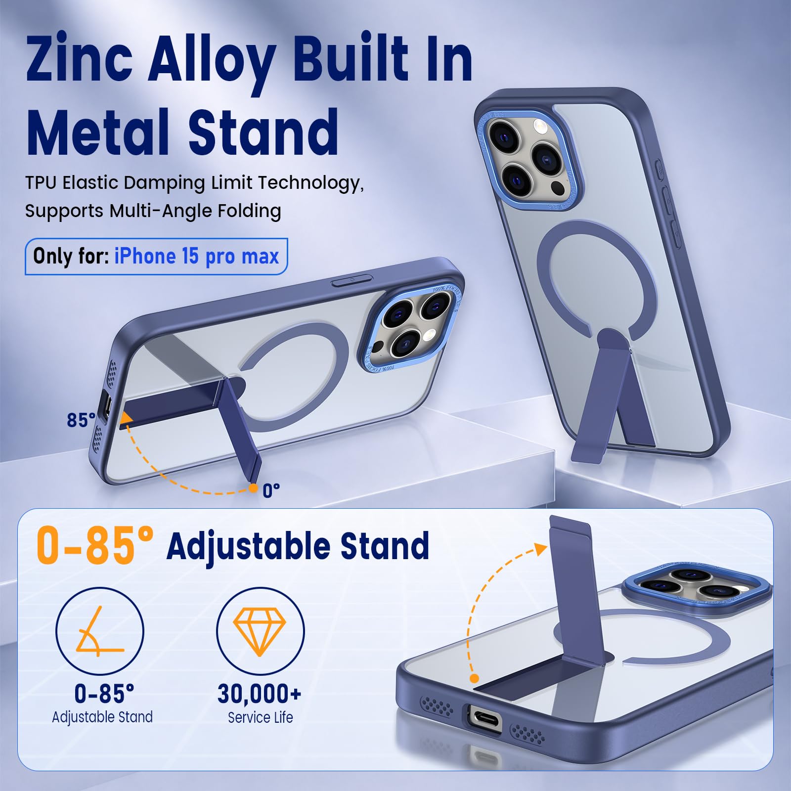 Cover magnetica per iPhone 15 con MagSafe & 2 lenti temperate, custodia antiurto con magnete N52, ultra leggera con supporto in metallo e rivestimento anti-impronta blu