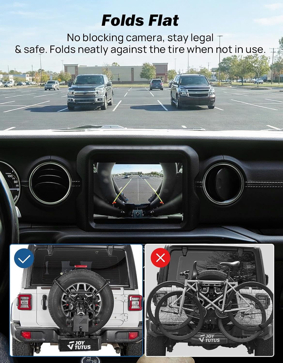 JOYTUTUS Spare Tire Bike Rack for 2 Bikes, Fits 25.5"-37" Diameter 10"-13.5" Width Tires, Anti-Wobble Foldable Bike Carrier with Lock for Wrangler Bronco SUV (No Tire Removal Required)