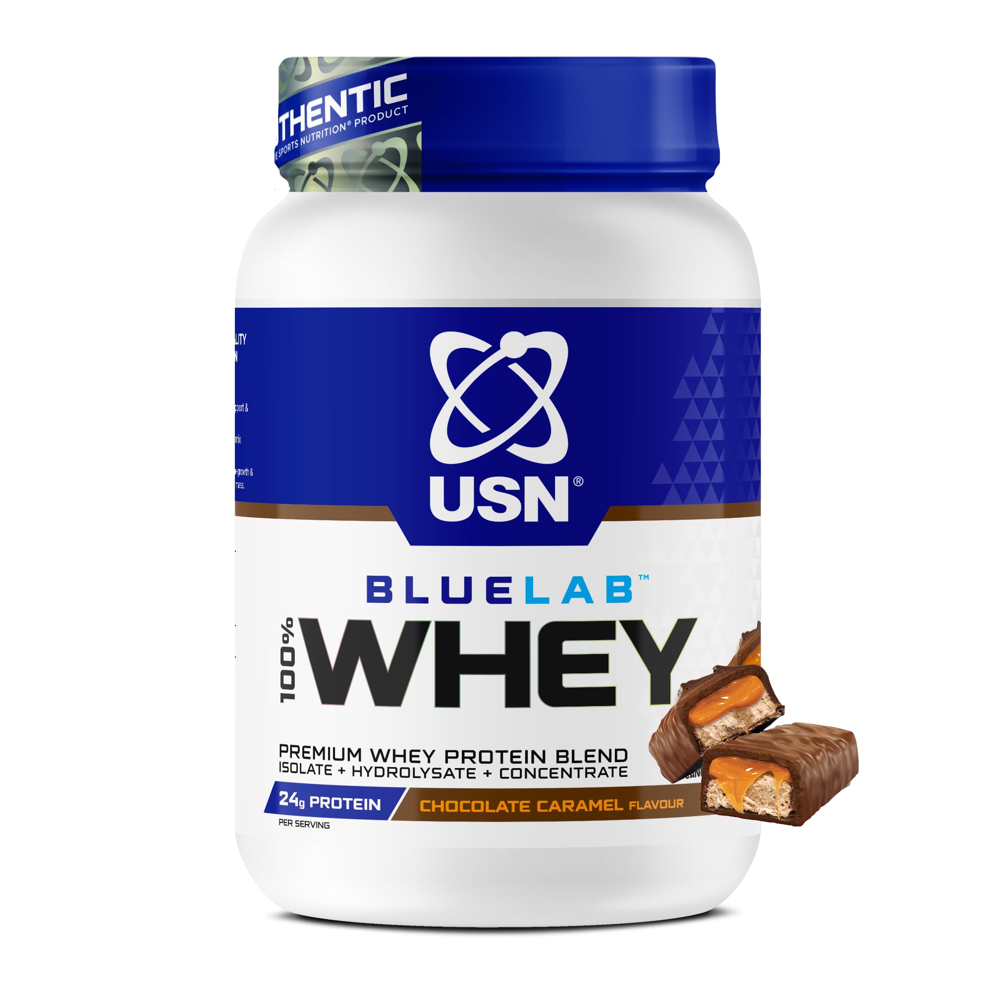 USN BlueLab 100% Whey Protein Powder 908g (26 Servings) - 24g Protein - Whey Isolate, Hydrolysate & Concentrate Blend - High Protein Shake for Muscle Growth & Recovery - Chocolate Caramel
