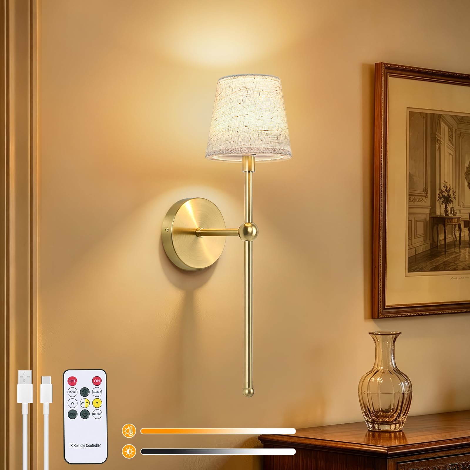Dehobo Rechargeable Wall Lights with Fabric Shade, Battery Operated Wall Sconces with 3 Color Temperature, Dimmable Wireless Wall Lamps Indoor with Remote 5200mAh for Living Room, Bedroom, 1 Pack
