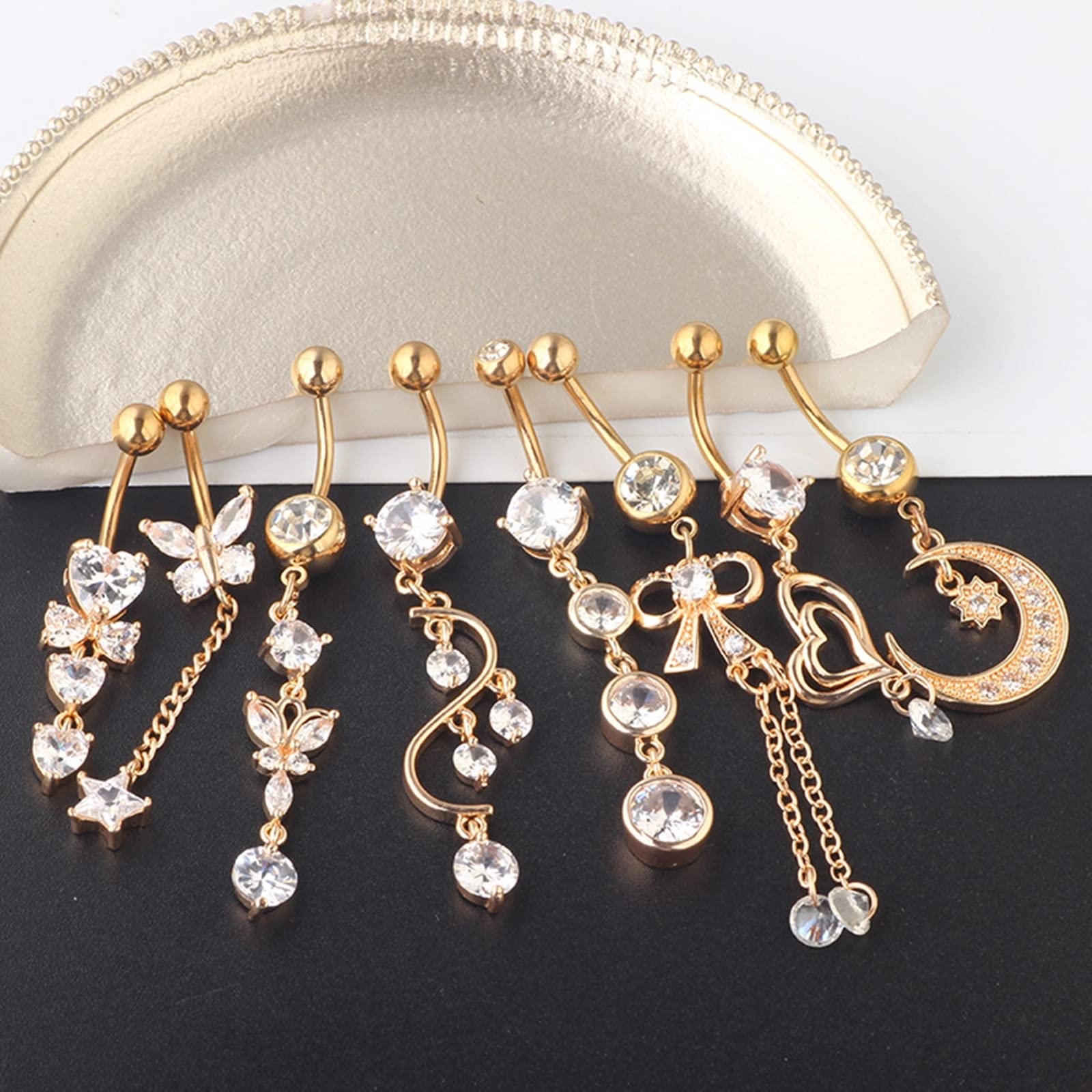 Nabelpiercing, Bauchnabelpiercing Glitzer Edelstahl 8 Stück 14G Bauchnabelpiercing Damen Weiß Rund Zirkonia Schleife Mond Stern Herzform