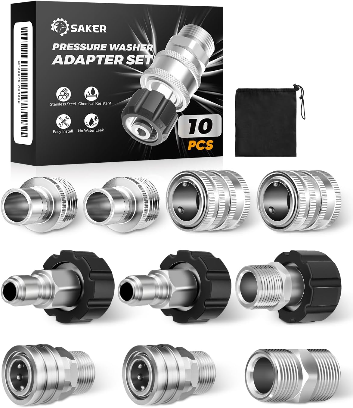 Saker Pressure Washer Hose Connector Set 10 PCS,Hose Adapter Set,Pressure Washer Connector Accessories,M22-14 Swivel to 3/8'' Quick Connect, 3/4" to Quick Disconnect,Quick Connect Set with Storage Bag