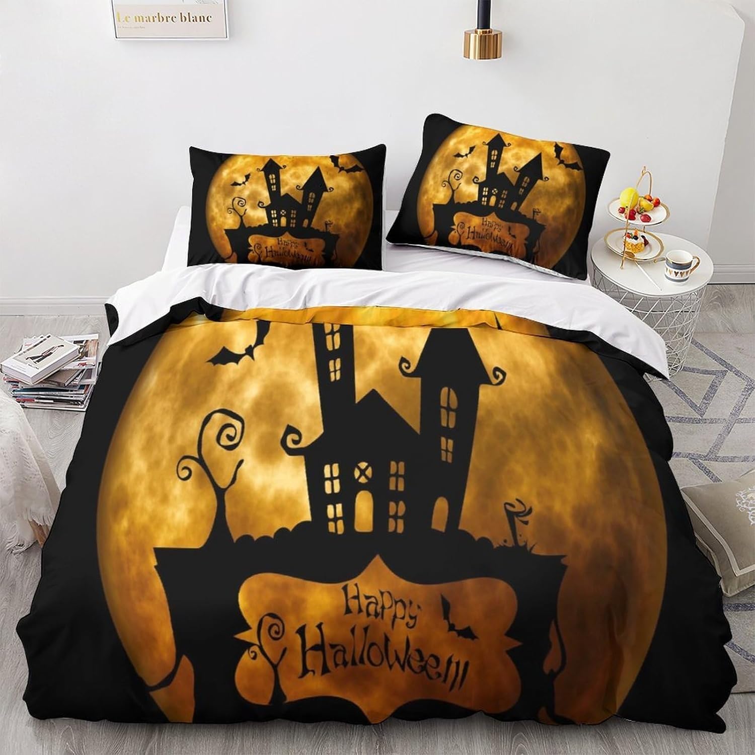Housse de Couette 220x240 Halloween Château Parure Lit 2 Personnes Adulte