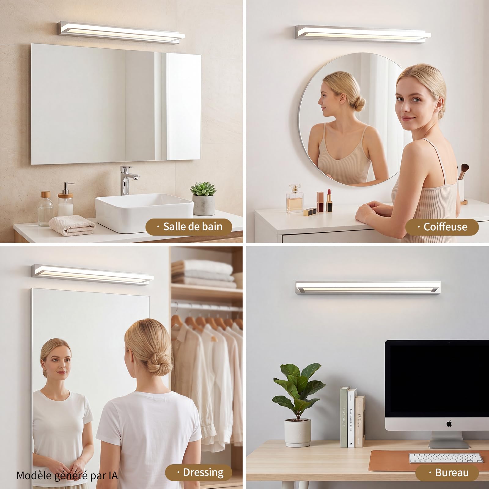 Lampe Miroir Salle de Bain LED 62cm, Applique Salle de Bain Miroir 13W 4000K, Éclairage de Vanité IP44 Étanche