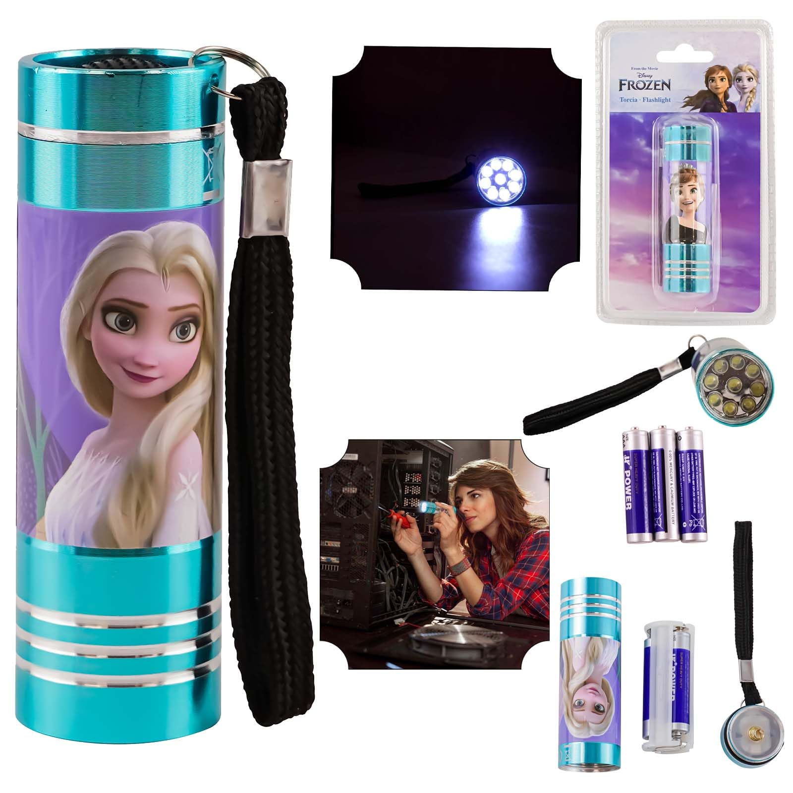 SRV Hub Frozen LED Torch, Children's Xmas Torch, Super Bright LED Aluminium Torches, Girls Nightlight with Lanyard for Travel, Blue Kids Flashlight Christmas Gifts 3+ Years Size - 8.7cm