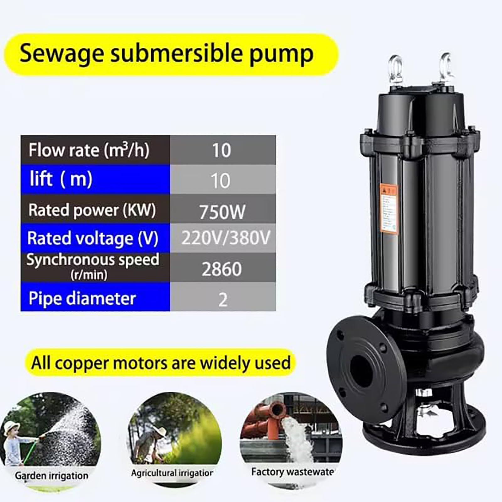 Pompa sommergibile per acque luride, design anti-intasamento, diametro 5,1 cm, alto flusso/testa per scantinati, giardini, stagni, cantieri, controllo delle inondazioni e drenaggio, 3 KW