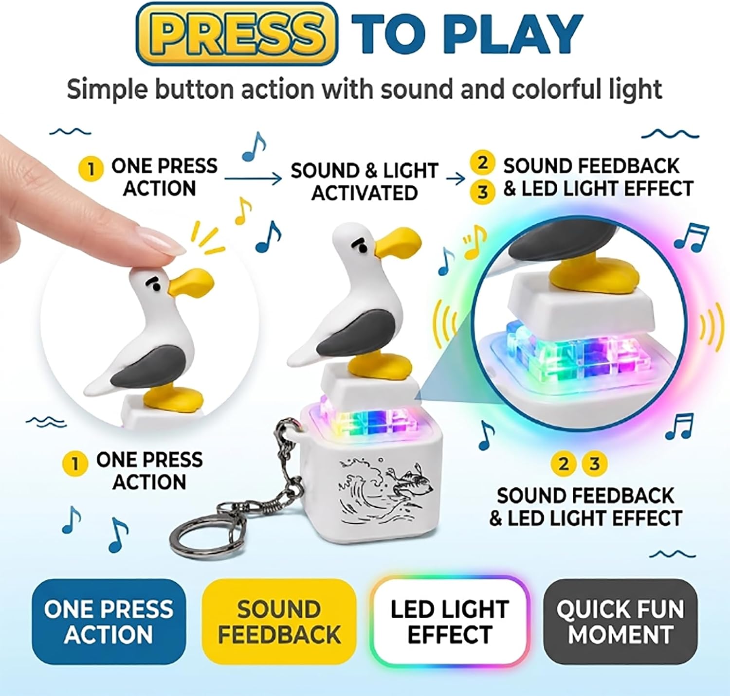 Seagull Button Keychain Bird Clicker Stress Toys for Adults Fidget Sound Keyboard Mini Screaming Pack with LED Light