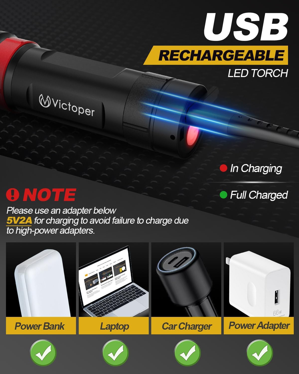 USB charging instructions and compatible adapters