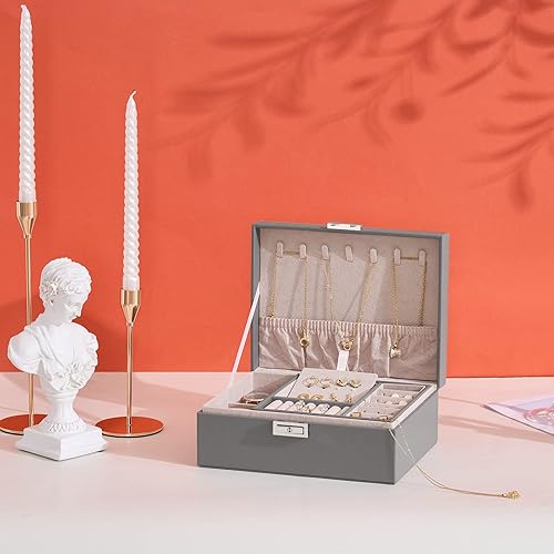 Miniatura 6 de BEWISHOME Joyero caja organizadora de joyas para mujeres y niñas cajas de joyería de 2 capas con 2 cajas de reloj bandeja extraíble estuche de