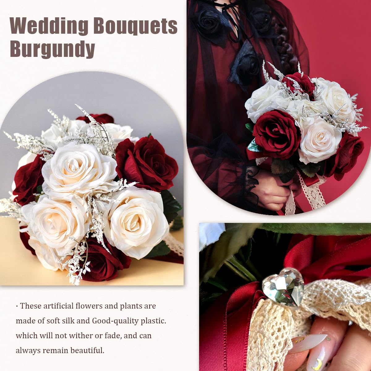 Hochzeitssträuße für Braut, Brautjungfer, weiß, champagnerrot, Burgunderrot, künstliche Rose, künstliche Seidenblumen, Brautsträuße für Hochzeit, mit Band, Boho, rustikale Kirchendekoration