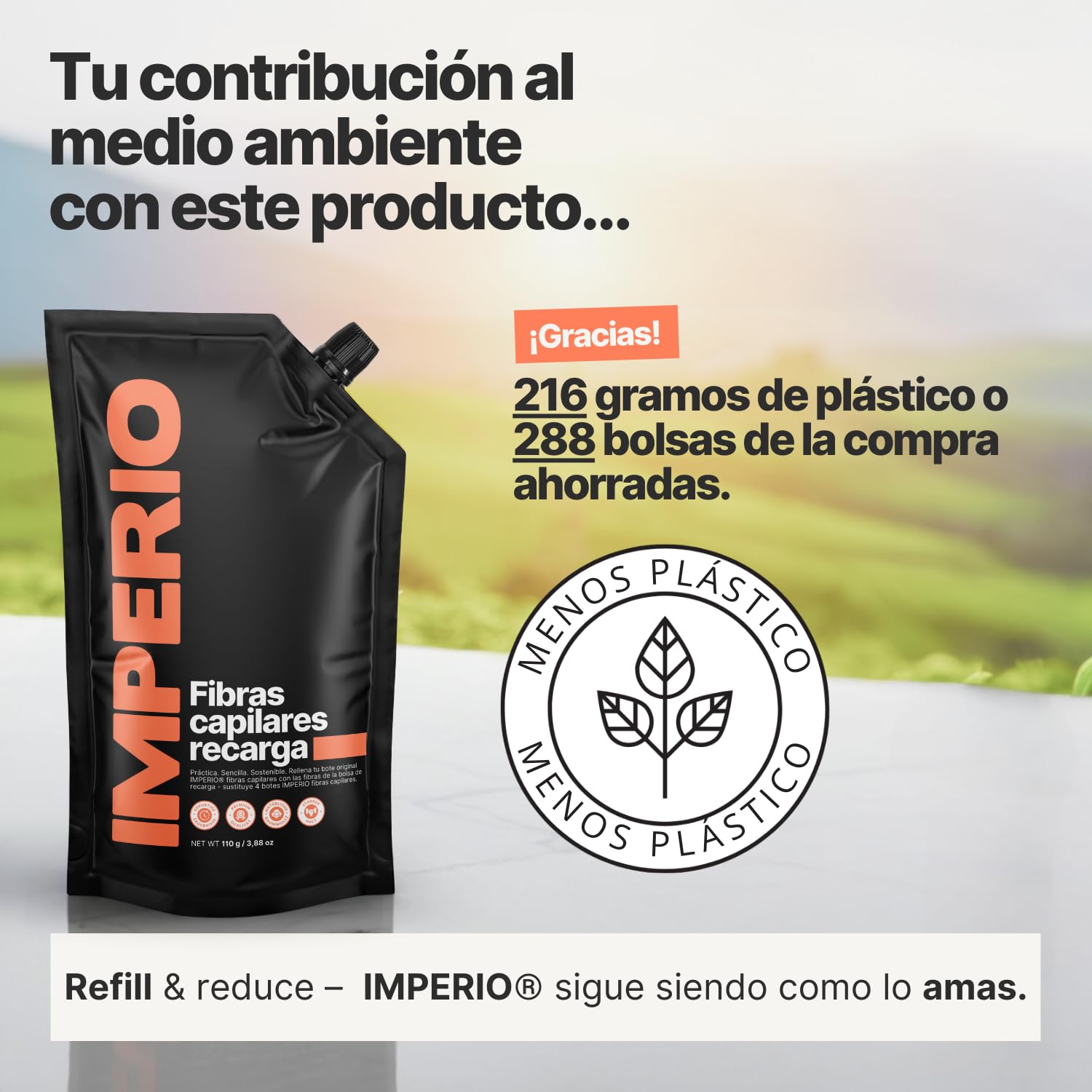 IMPERIO Paquete de recarga de pelo disperso, 110 g, con pelo a granel premium, paquete de recarga sostenible con práctico cierre, fácil llenado de la lata de fibras de pelo (marrón oscuro, 110 g)