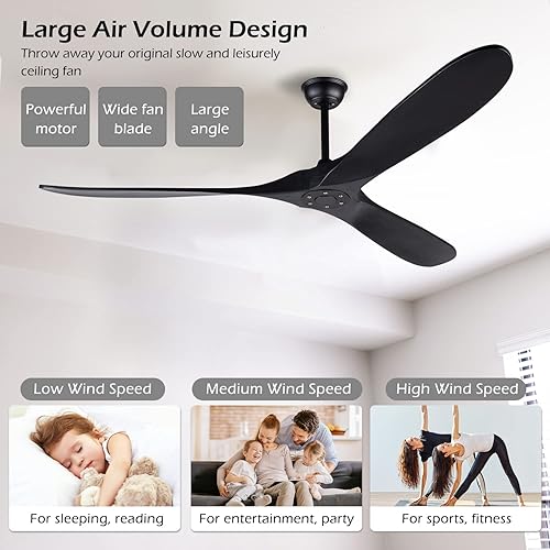 Miniatura 3 de Ventiladores de techo de madera maciza sin luz, ventilador de techo de madera real de 70 pulgadas con control remoto y 3 cuchillas, ventilador de